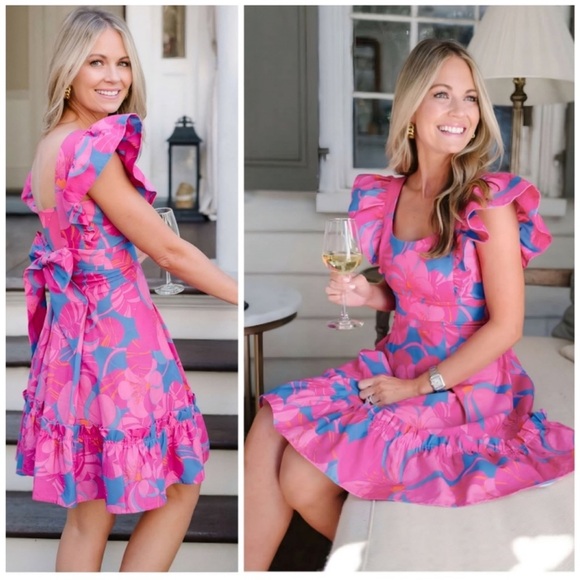 NWT Tuckernuck Wimberly Wild Azalea Edisto Linen Floral Ruffle Dress - Picture 3 of 16